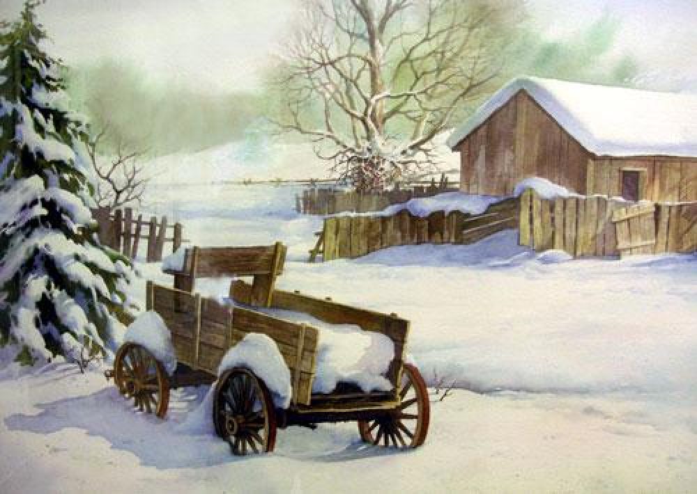 Quiet of Winter Painting - Watercolor Painting of a wagon and barn in the snow