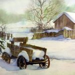 Quiet of Winter Painting - Watercolor Painting of a wagon and barn in the snow