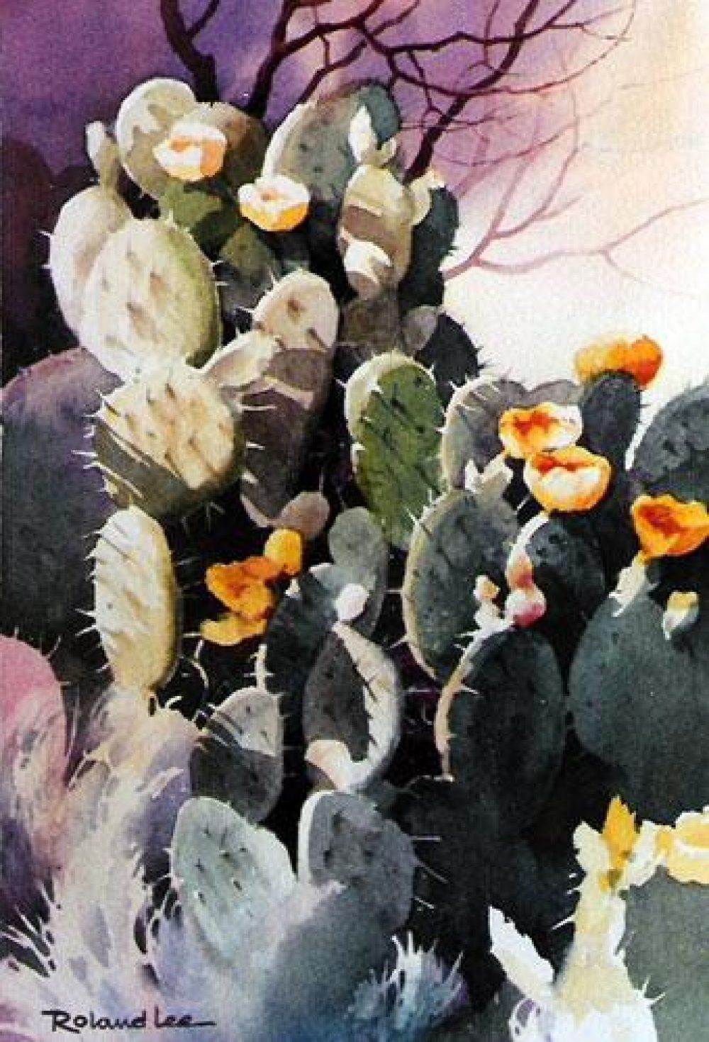 Cactus in Bloom - Watercolor landscape painting of cactus blossoms in southern Utah
