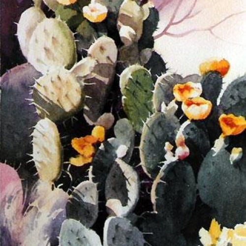 Cactus in Bloom - Watercolor landscape painting of cactus blossoms in southern Utah
