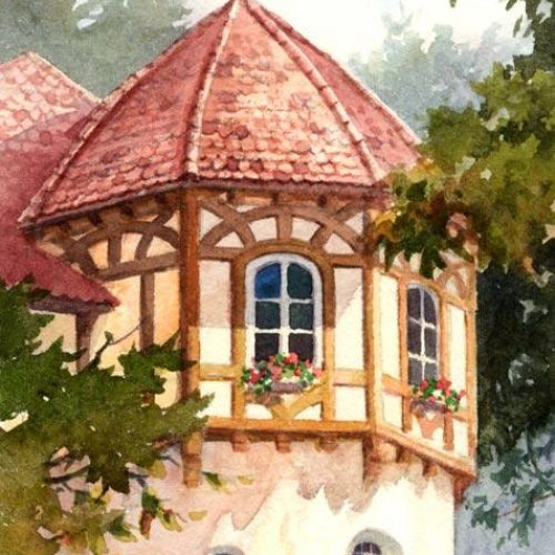 Turrret near Neuschwanstein Castle Germany - Original painting of building near Castle Neuschwanstein in Bavaria