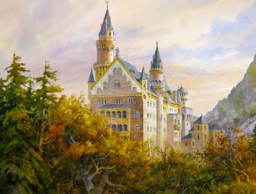 Castle Neuschwanstein Morning - Watercolor Painting of Germany