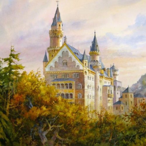 Castle Neuschwanstein Morning - Watercolor Painting of Germany