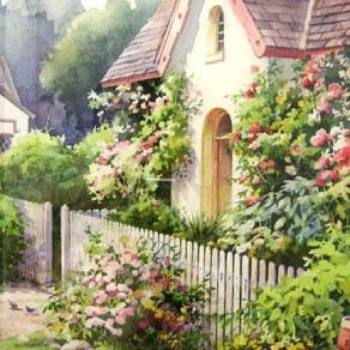 Flower Cottage - Ireland - Watercolor Painting of cottage in Ireland