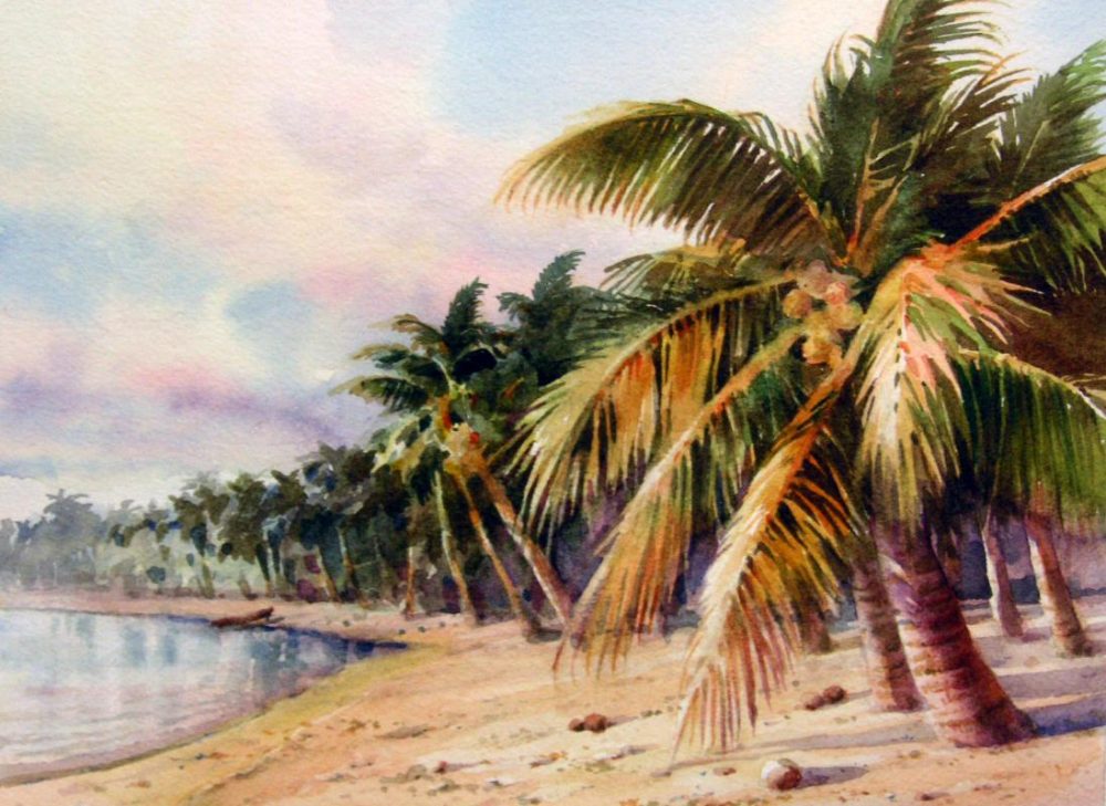 Tom's Beach - Aitutaki - Watercolor painting of the Beach on Aitutaki in the Cook Islands