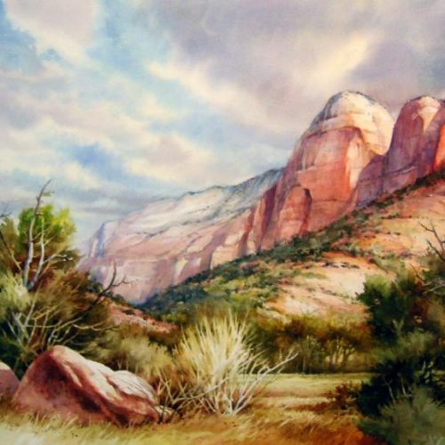 Zion Canyon - Mountain of the Sun - Original watercolor painting of Zion National Park by Roland Lee
