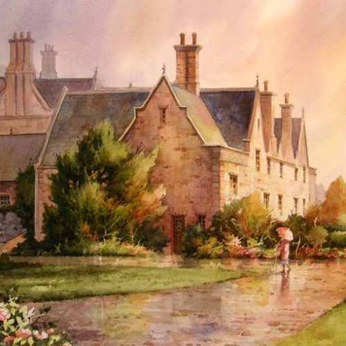 Walk in the Irish Rain - Watercolor Painting of the Muckross House near Killarney Ireland