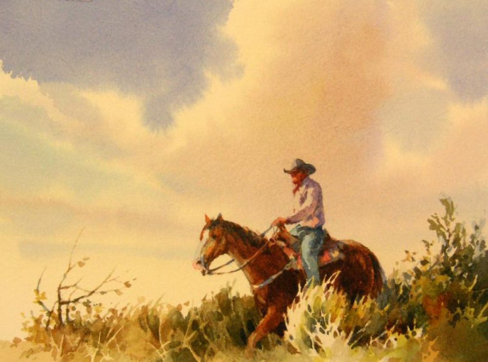 Riding Alone - Watercolor Painting of a cowboy in the Utah Hills
