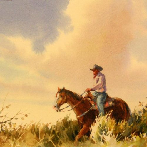 Riding Alone - Watercolor Painting of a cowboy in the Utah Hills