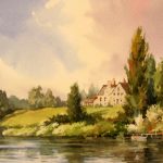 English Lake - Watercolor Painting of Manor House in England