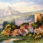 Swiss Village - Original painting by Roland Lee of a swiss village on the road to St. Moritz