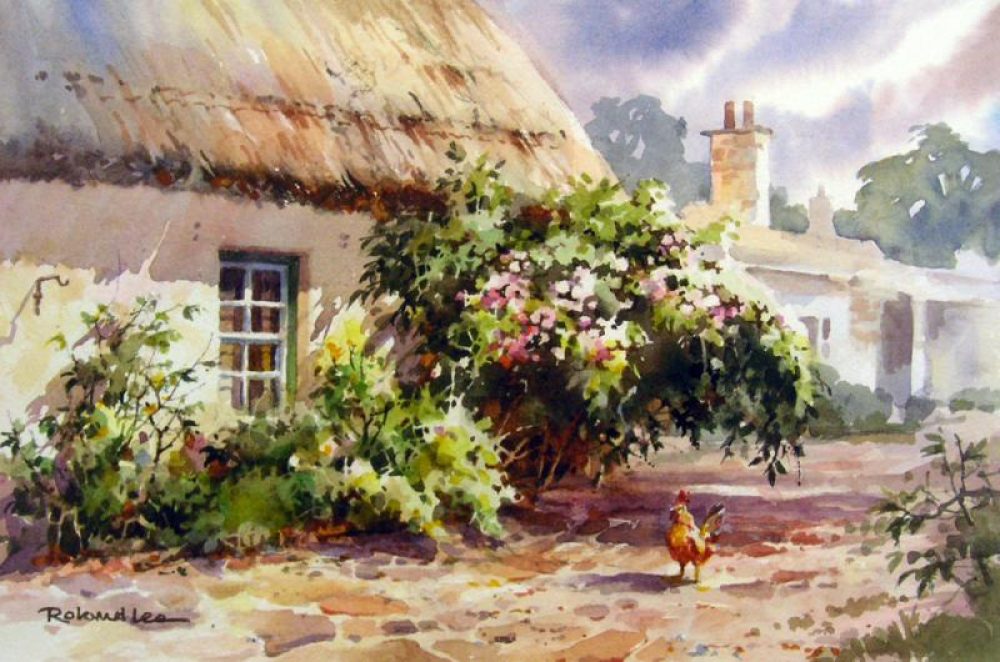 Thatched Roof Cottage Ireland - Painting of a rooster and thatched roof cottage in Ireland