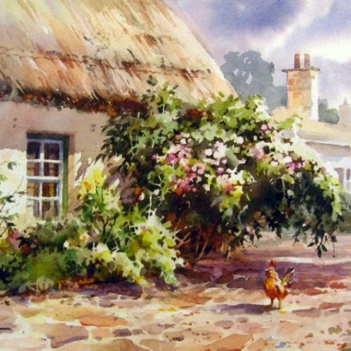 Thatched Roof Cottage Ireland - Painting of a rooster and thatched roof cottage in Ireland