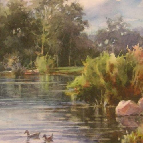 The Pond - Watercolor Painting of Ducks on the Highland Pond