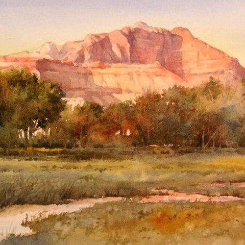 Kinesava View from Grafton Utah - Watercolor Painting of Mt. Kinesava in Zion national Park from Grafton Ghost Town