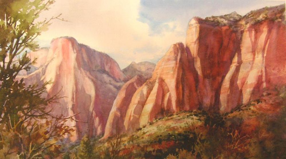 The Altar of Sacrifice - Watercolor Painting of the Towers of the Virgin in Zion Canyon