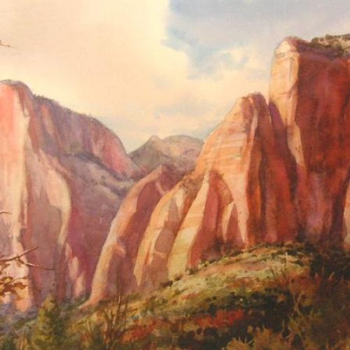 The Altar of Sacrifice - Watercolor Painting of the Towers of the Virgin in Zion Canyon