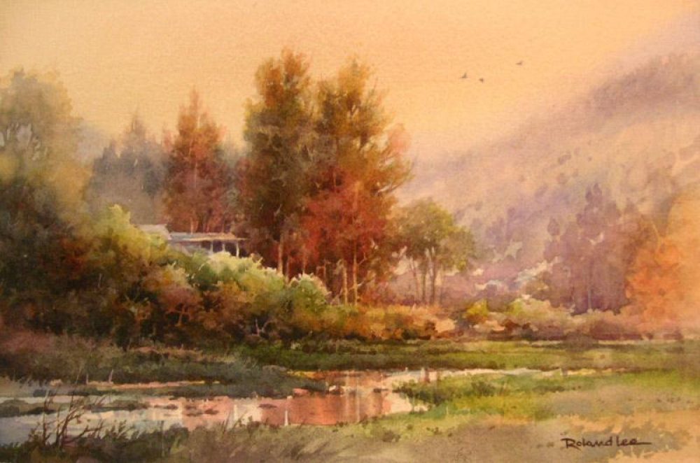 Hazy Morning - Watercolor Painting of a Pastoral country Scene
