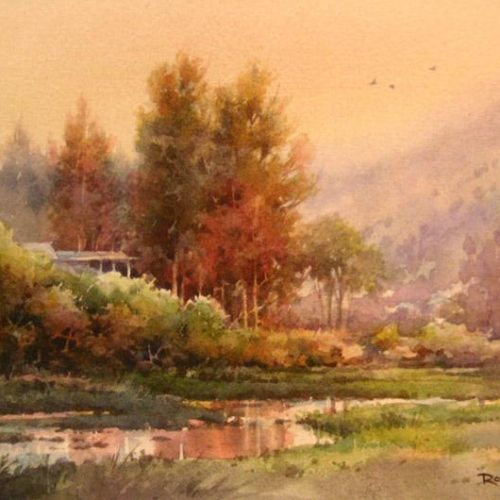 Hazy Morning - Watercolor Painting of a Pastoral country Scene