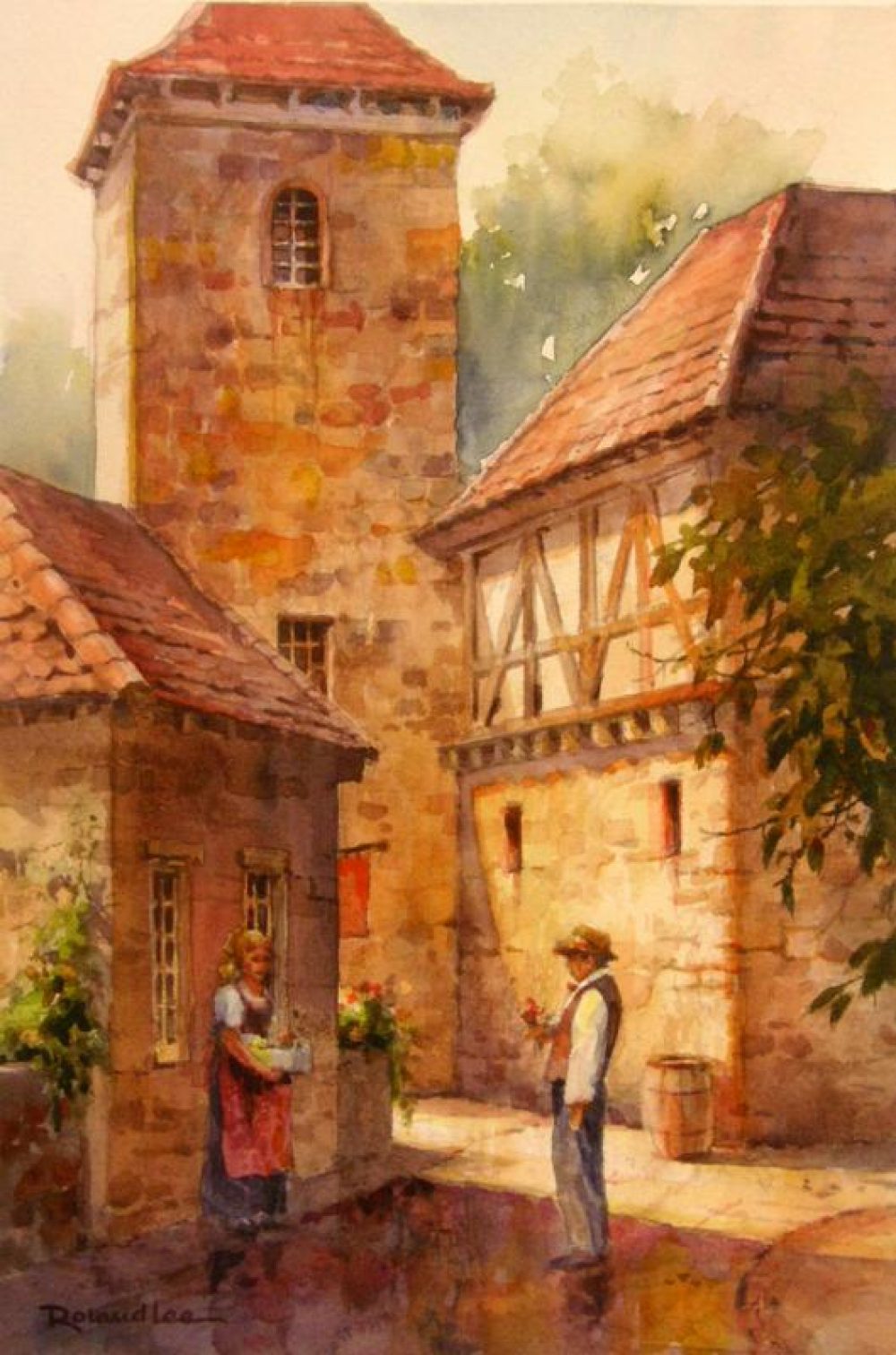 Flowers for Liesl - Watercolor Painting of Rothenburg ob der Tauber Germany