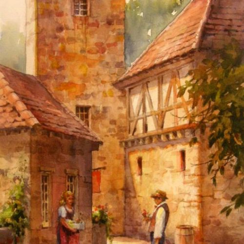 Flowers for Liesl - Watercolor Painting of Rothenburg ob der Tauber Germany