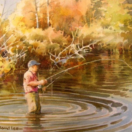 Fisherman - Watercolor Painting of Fly Fishing by Roland Lee