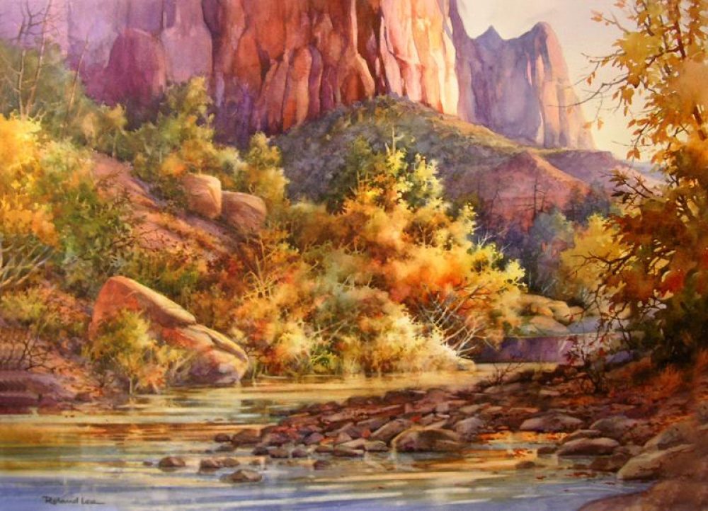 Rio Virgin in Zion National Park - Watercolor Painting of the Virgin River on a Fall day in Zion Canyon