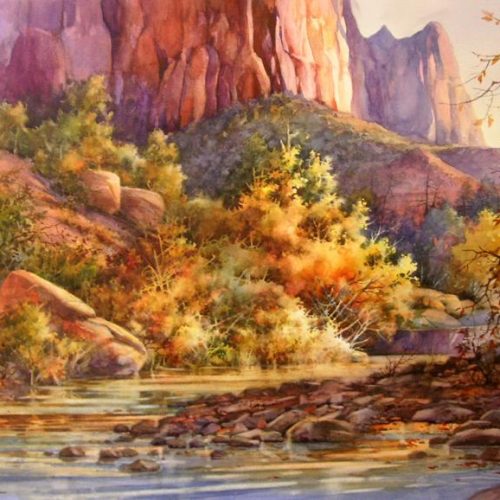 Rio Virgin in Zion National Park - Watercolor Painting of the Virgin River on a Fall day in Zion Canyon