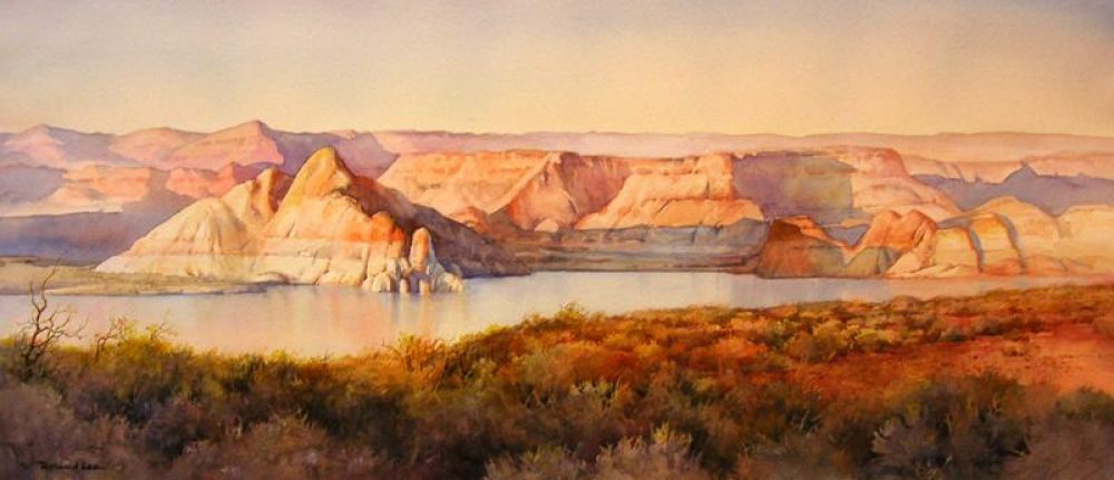 Lake Powell Panorama - Watercolor painting of Lake Powell near Wahweap Bay