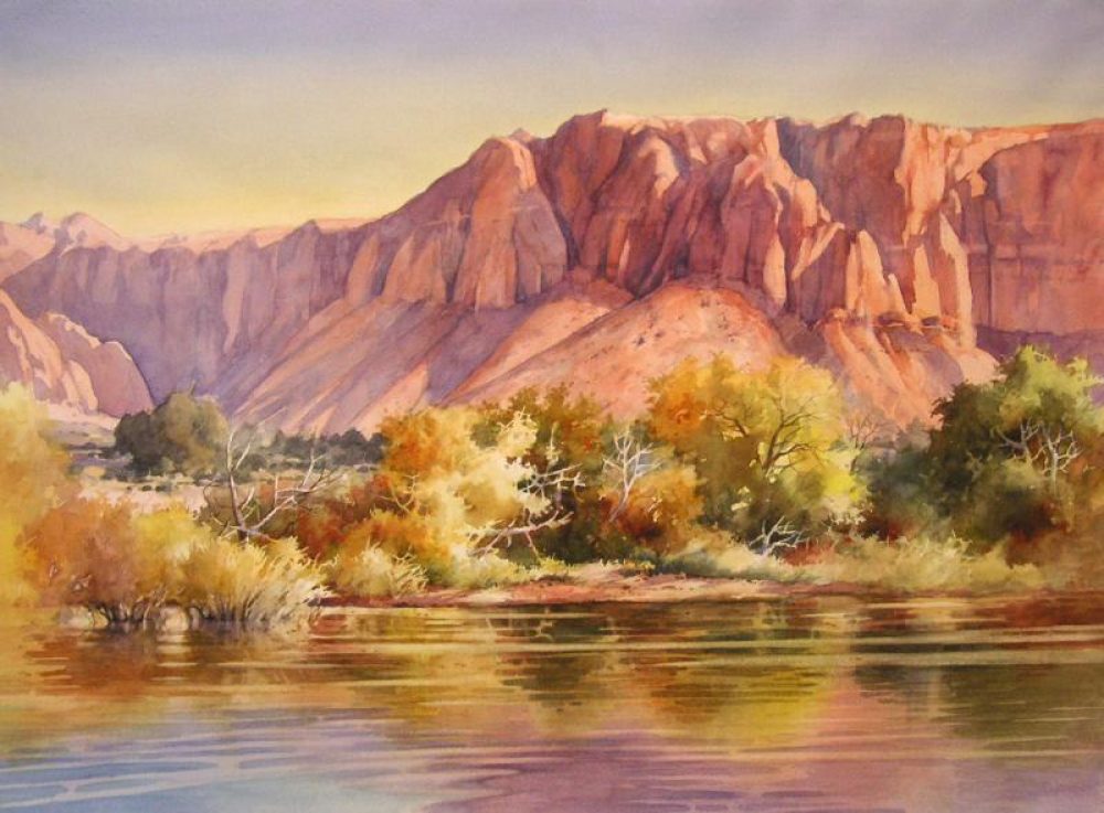 Autumn Reflections - Watercolor Painting of Ivins Reservoir near Kayenta Utah