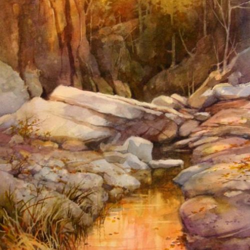 Canyon Reflections - watercolor painting by Roland Lee of a Zion Canyon
