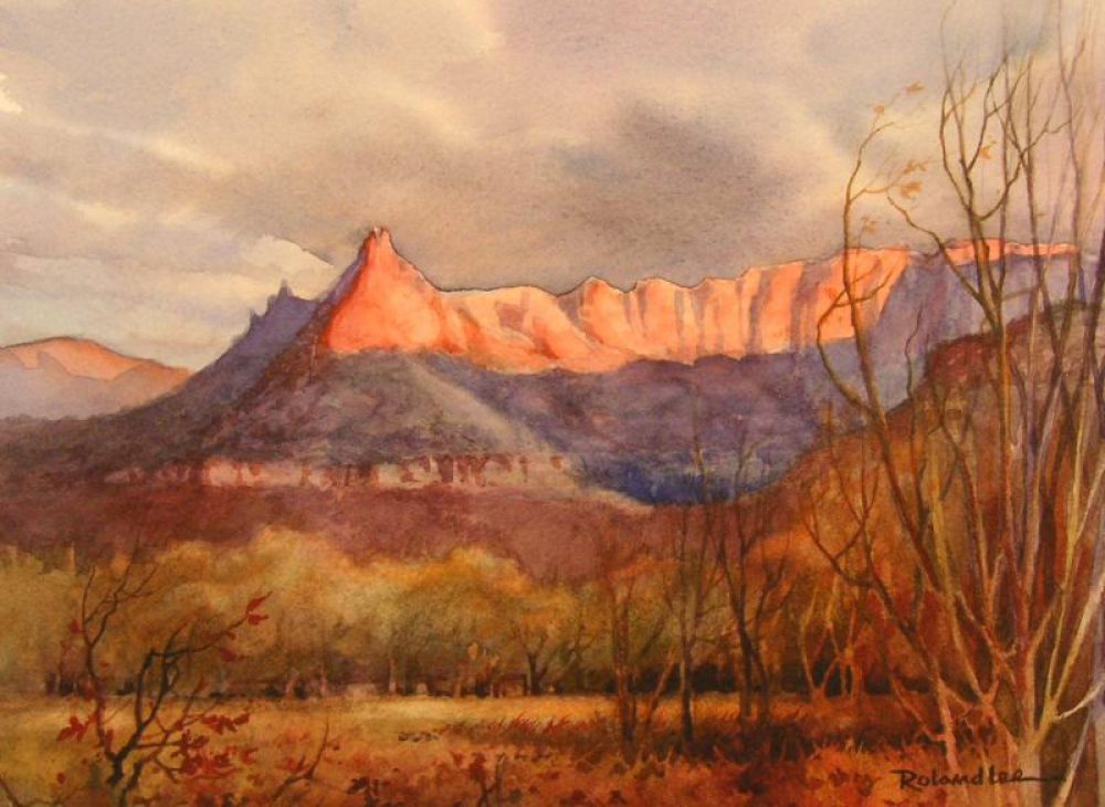 Last Light on the Eagle Crags - Original painting by Roland Lee of Eagle Crags near Zion National Park