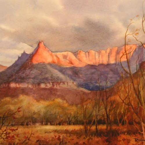 Last Light on the Eagle Crags - Original painting by Roland Lee of Eagle Crags near Zion National Park