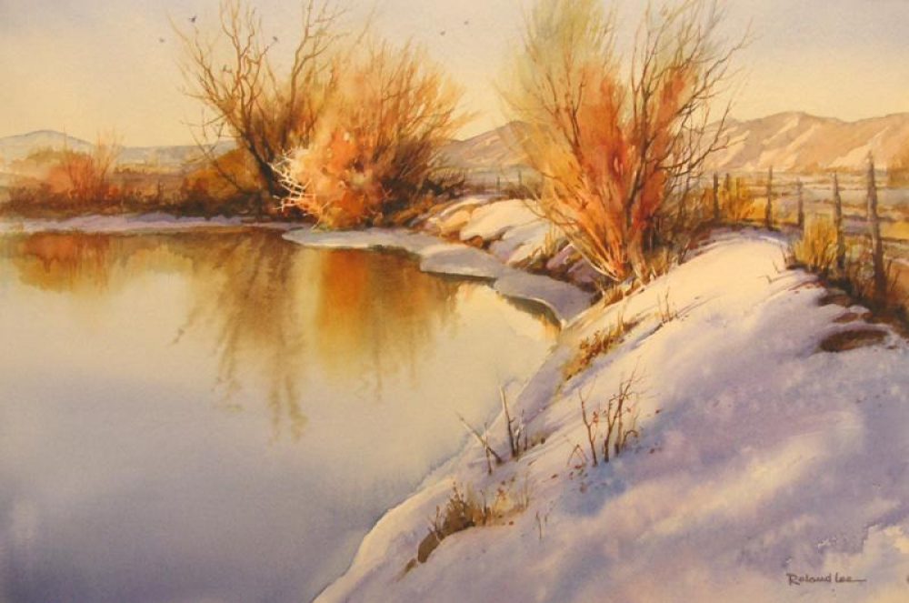 Winter Reflections - Watercolor Painting of Snowy River Bank in Utah