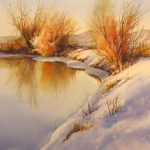 Winter Reflections - Watercolor Painting of Snowy River Bank in Utah