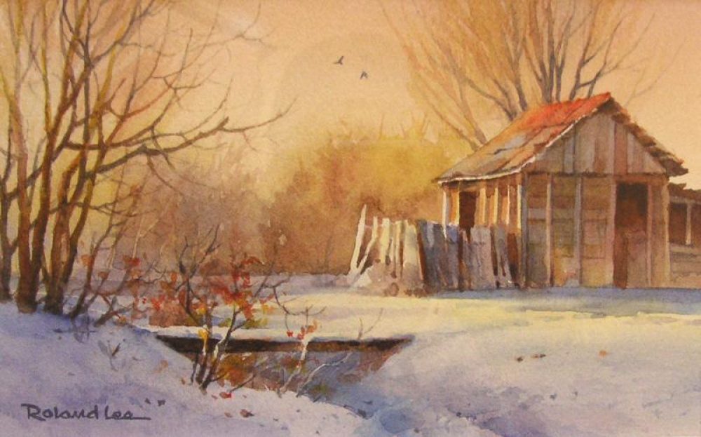 Country Snowfall - Original painting by Roland Lee of a farm near Richfield Utah