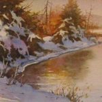 Winter Trees by the River - Original painting by Roland Lee of a winter scene in Utah