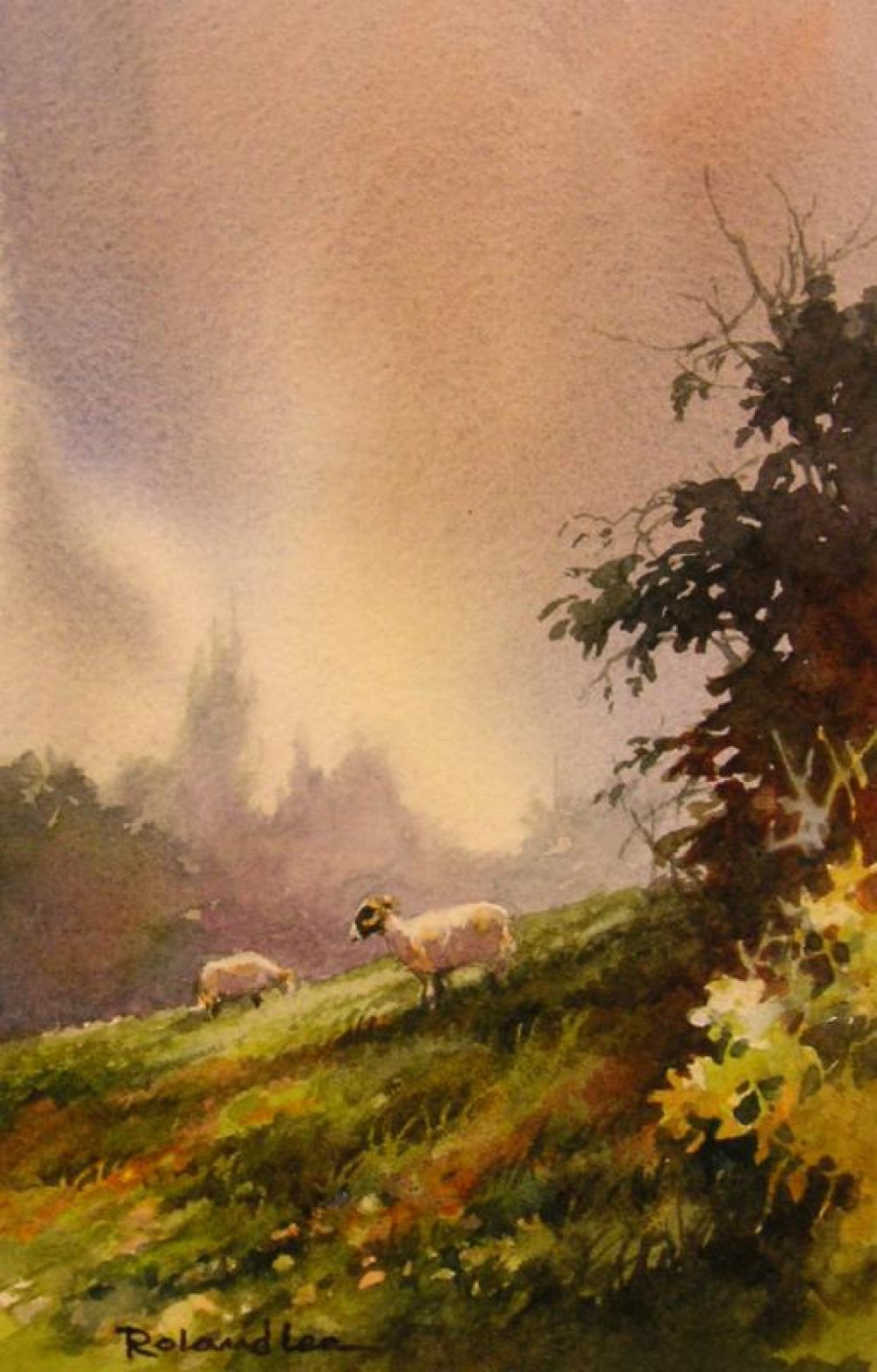 English Sheep on the Hillside - Original painting by Roland Lee of a scene in the Yorkshire Dales