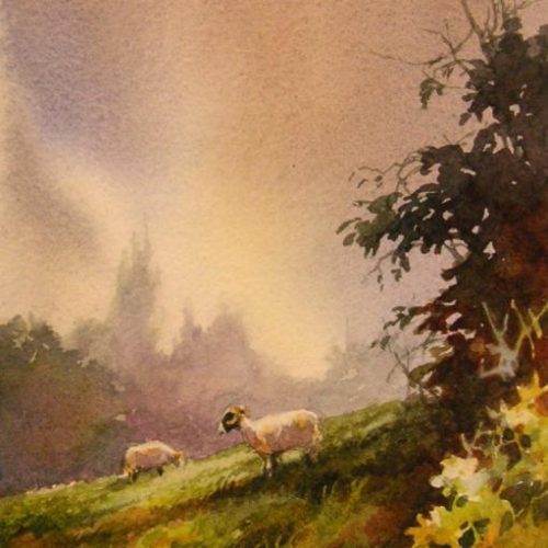 English Sheep on the Hillside - Original painting by Roland Lee of a scene in the Yorkshire Dales
