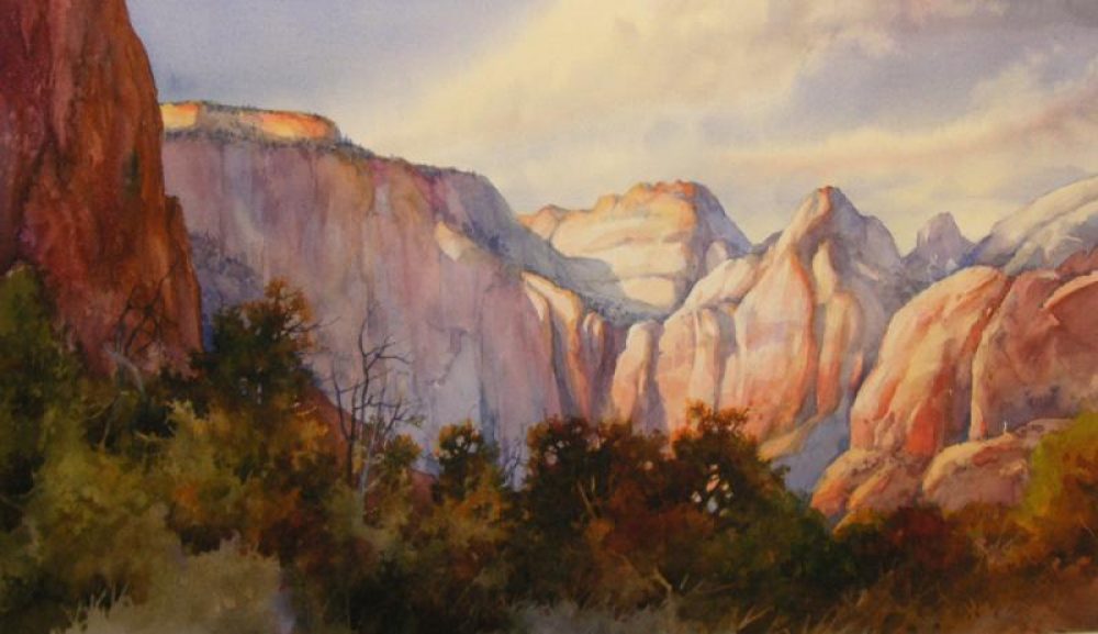 West Temple from Bridge Mountain - Watercolor Painting by Roland Lee of The West Temple in Zion