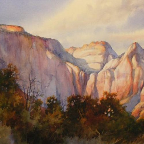 West Temple from Bridge Mountain - Watercolor Painting by Roland Lee of The West Temple in Zion