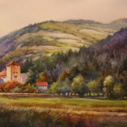 Schloss Rietberg in Switzerland - Watercolor Painting of the Castle Rietberg near Rodels Switzerland