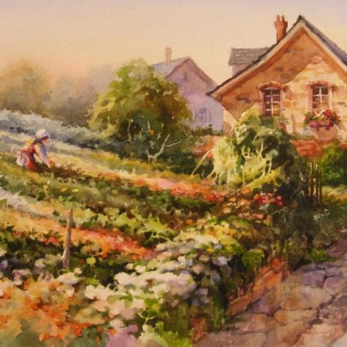 Country Garden - Watercolor Painting of a European Cottage and Garden