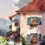 Green Shutters Watercolor Painting of Switzerland - Painting of  a house with green shutters in Switzerland