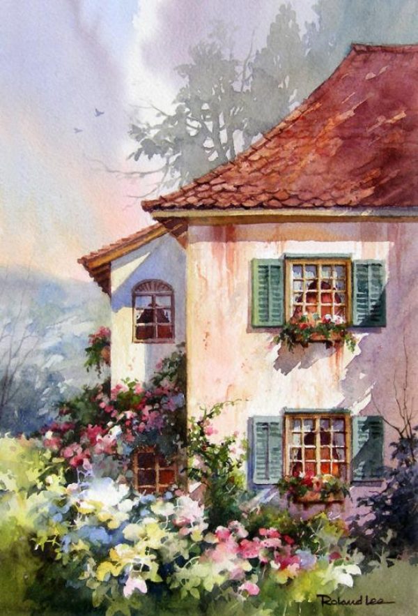 Green Shutters Watercolor Painting of Switzerland