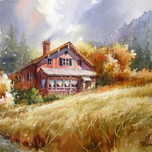 Mountain Chalet in Switzerland - Roland Lee Watercolor Painting of a Chalet in Switzerland