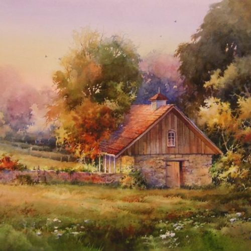 Stone Barn - Watercolor Painting of a Stone Barn in Europe