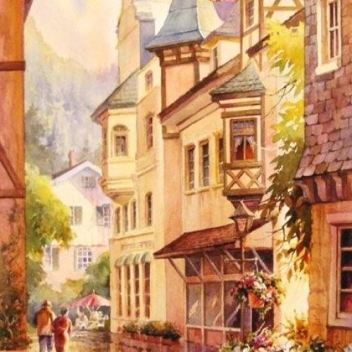 Bavarian Street Scene - Watercolor Painting of Bavaria Germany