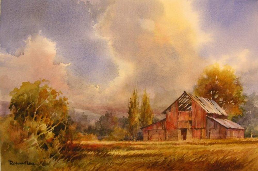 Old Red Barn - Watercolor Landscape Painting of an Old Utah Barn