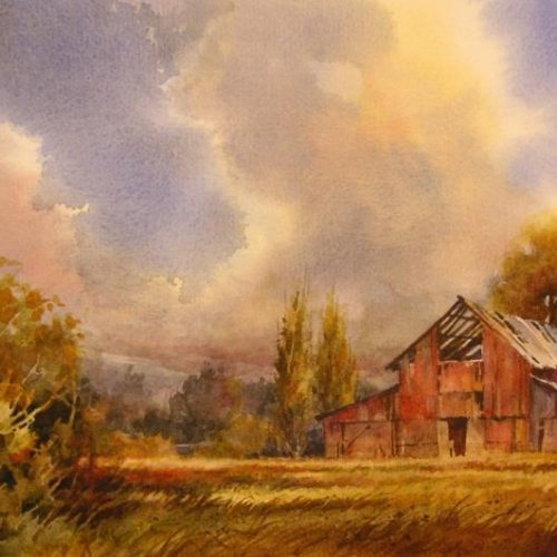 Old Red Barn - Watercolor Landscape Painting of an Old Utah Barn